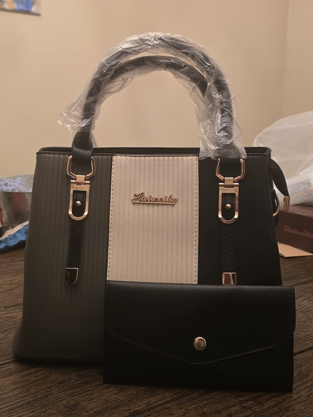 Women’s Tri-Panel Black and Cream Satchel with Wallet